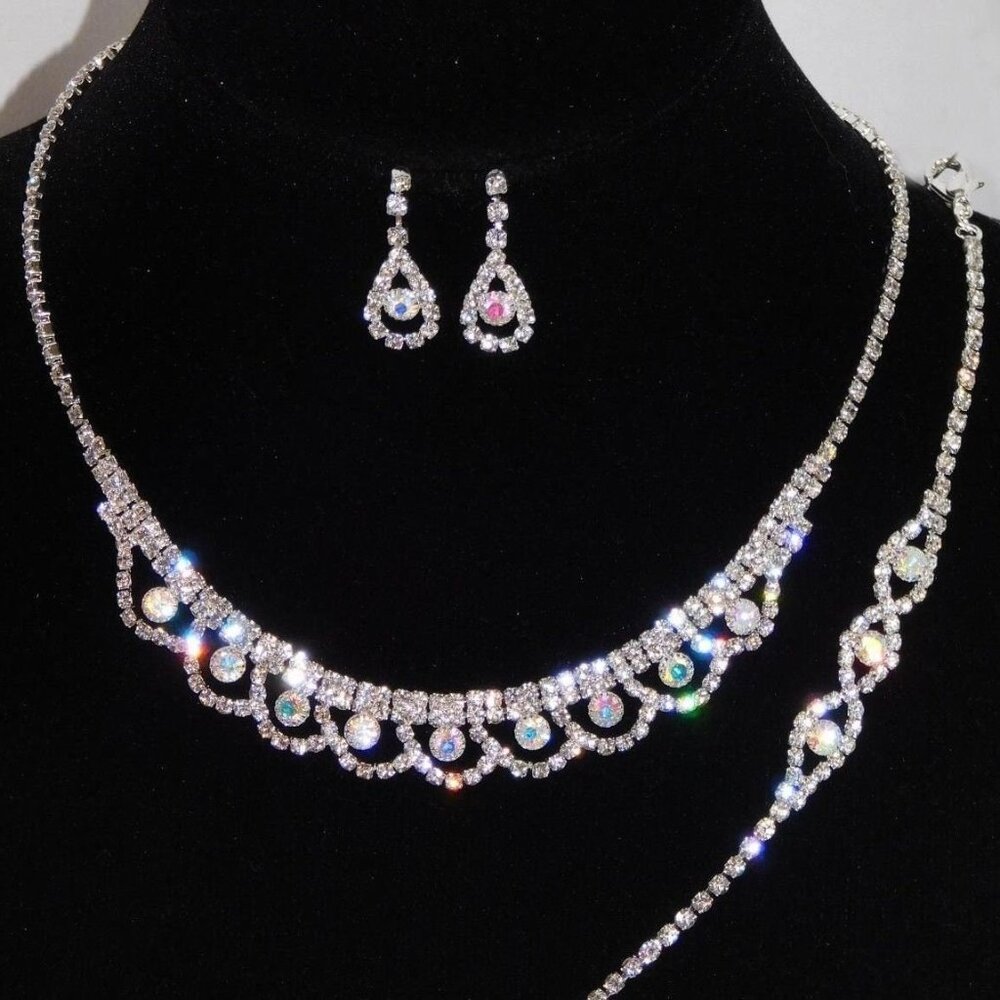 3PC Set AB Silver Rhinestone Necklace, Earrings and Bracelet Set
